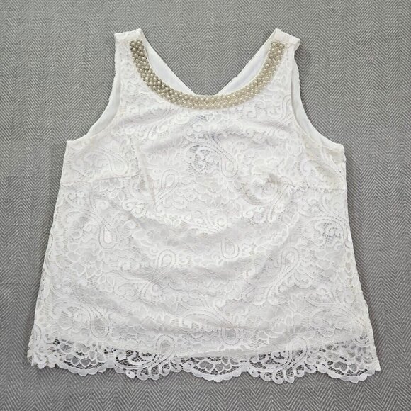 Le Bos Tops - Le Bos Blouse 14W White Sleeveless Pearl Embellishments Crochet Needlepoint NWT